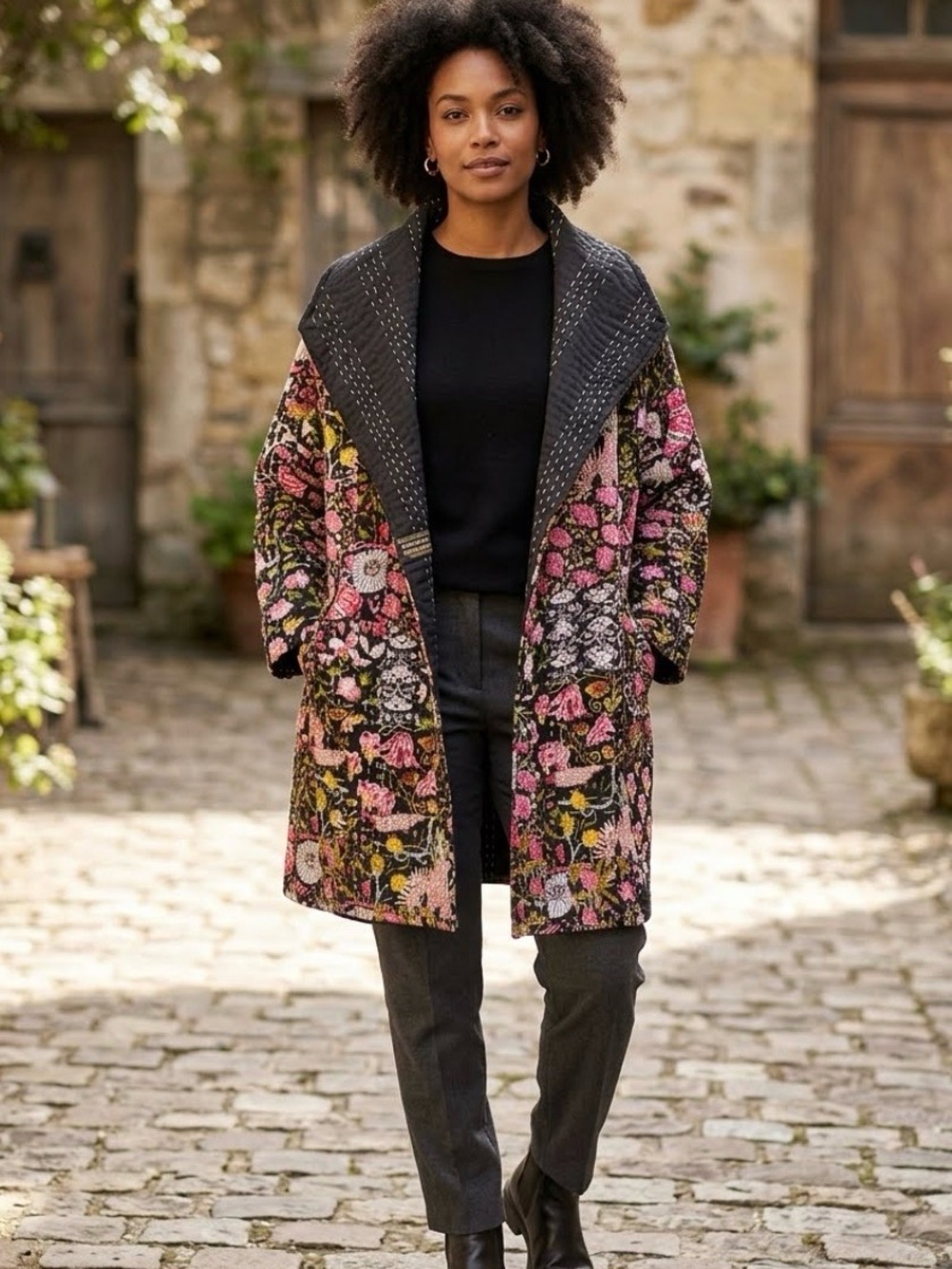 New Quilted Kantha Jacket Black & Pink OSFM